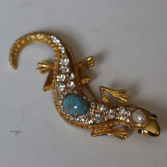 Vintage Signed Kenneth Jay Lane Jackie O Reptile Lizard Gecko Brooch Pin - Picture 1 of 5